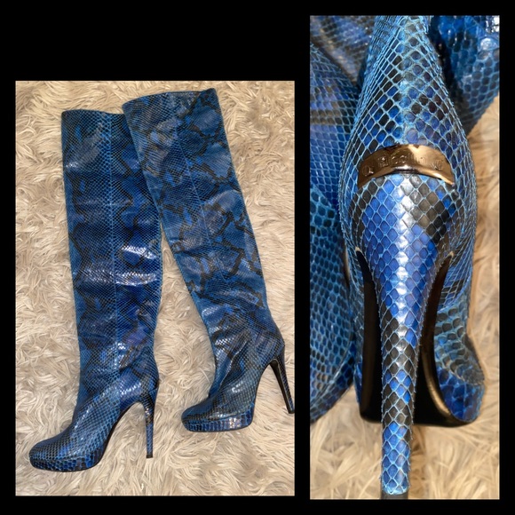 blue snakeskin thigh high boots